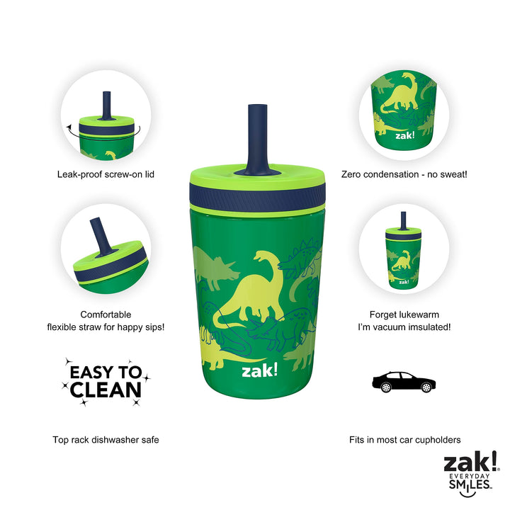 Zak Designs Dino Camo Kelso Tumbler 3pc Set, Leak-Proof Screw-On Lid with Straw, Bundle for Kids Includes Plastic and Stainless Steel Cups with Additional Sipper, 15 fluid ounces