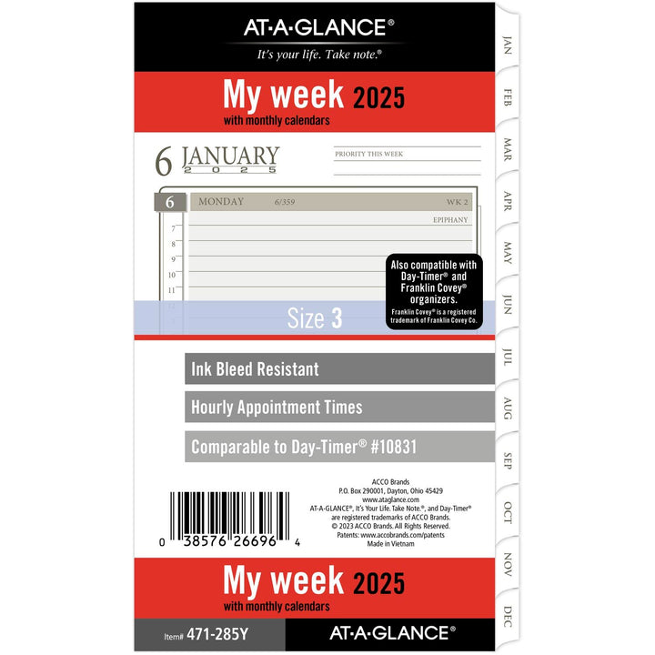 AT-A-GLANCE 2025 Planner Refill, Weekly & Monthly, 3-3/4" x 6-3/4", Portable Size, Loose-Leaf (471-285Y-25) 2025 New Edition