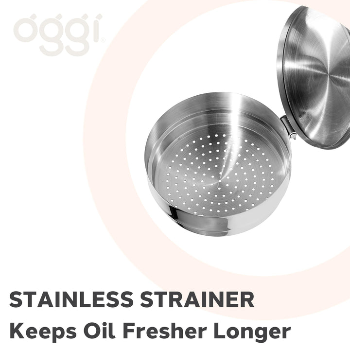 OGGI Stainless Steel Grease Container with Handle, Removable Strainer and Flip Top Lid. Perfect container for fryer oil, bacon drippings, lard and ghee oil. Can capacity - 0.25 Gall / 1 Qt / 0.95 Lt 1 Quart