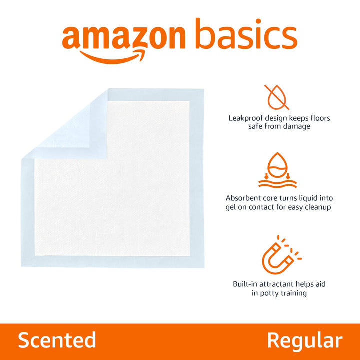 Basics Absorbent, Disposable, Quick Dry Puppy Pads with 5-Layer Leak-Proof Design, Odor Control, and Scented Surface for Potty Training, Regular, 22 x 22 Inch, Pack of 50, Blue & White Regular (50 Count)