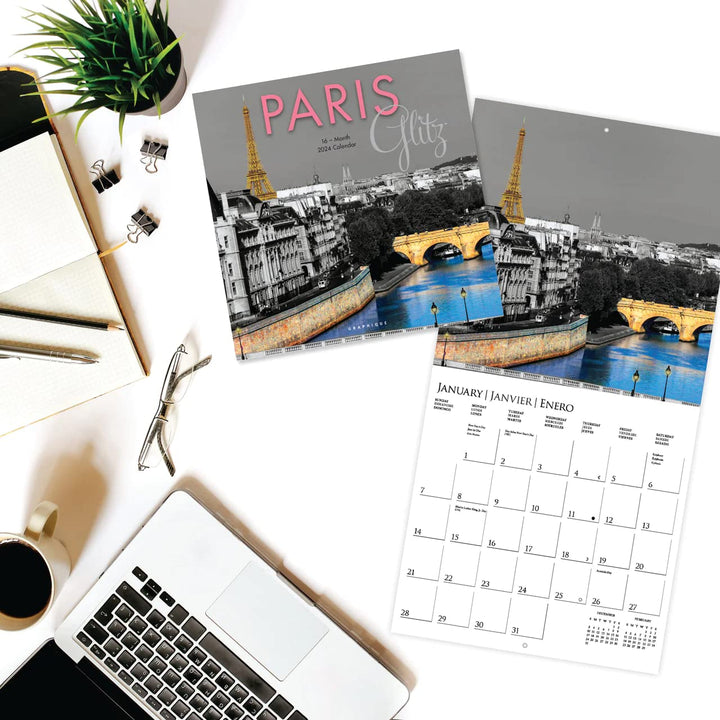 Graphique 2024 Paris Glitz Wall Calendar | 12” x 12” | Thick Paper | Home & Office Organizer | Large Monthly Grid | 3 Languages & Marked Holidays | 4 Month Preview Page for 2025