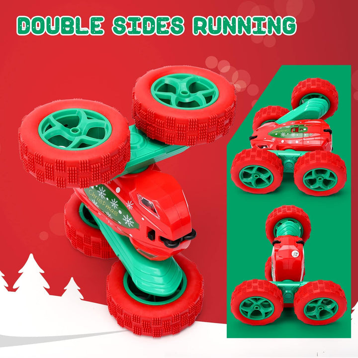 2PACK Christmas Style Remote Control Car RC Stunt Car for Kids,2.4Ghz High Speed Rock Crawler Vehicle,360 Rotating 4WD Off Road Double Sided Rotating Tumbling with 4 Rechargeable Battery，Red+Green