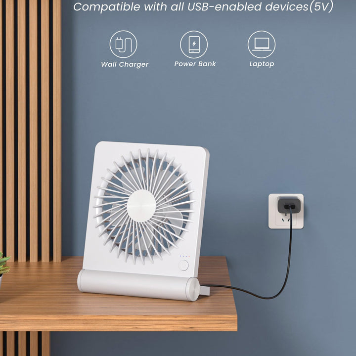 Koonie USB Fan, Strong Wind Ultra Quiet Small Desk Fan 220° Tilt Folding 3 Speeds Adjustable USB-C Corded Powered Personal Fan for Home Office Desktop White White without Battery 5.7in