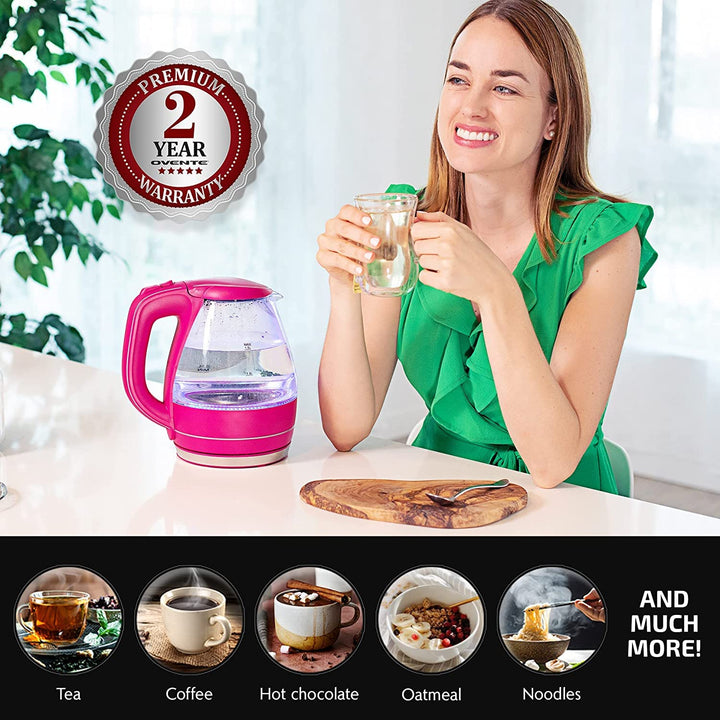 OVENTE Glass Electric Kettle Hot Water Boiler 1.5 Liter Borosilicate Glass Fast Boiling Countertop Heater - BPA Free Auto Shut Off Instant Water Heater Kettle for Coffee & Tea Maker - Purple KG83P