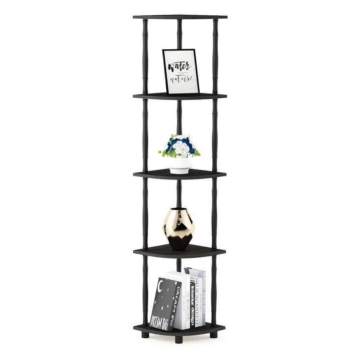 Furinno Turn-N-Tube 4-Tier Corner Display Rack Multipurpose Shelving Unit, Dark Brown Grain/Black 4-Tier Round Tube