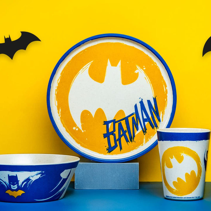 Zak Designs DC Comics Batman Kids Dinnerware Set 3 Pieces, Durable and Sustainable Melamine Bamboo Plate, Bowl, and Tumbler are Perfect For Dinner Time With Family (Batman, Robin, Batgirl) 8" Plate, 6" Bowl, 10oz Tumbler