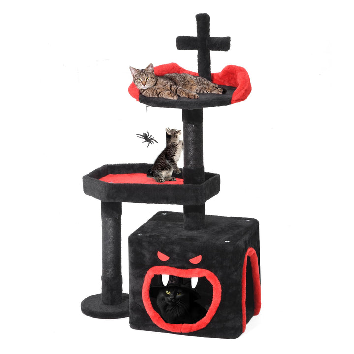 YITAHOME Gothic Cat Tree with Coffin Bed, 38.6" Cat Tower for Indoor Cats with Spacious Cat Condo, Spider Hanging Ball, Scratching Post, Black Halloween 38.6 in