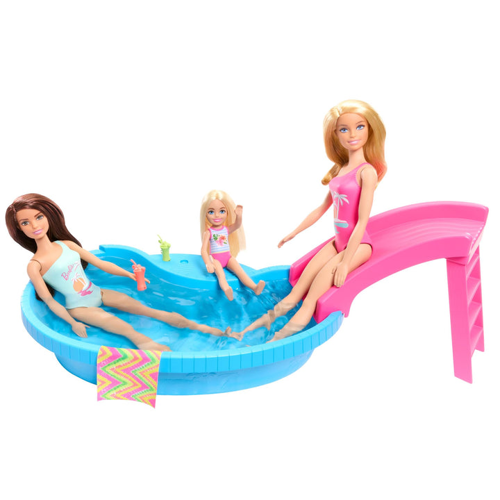 Barbie Doll & Pool Playset, Blonde in Tropical Pink One-Piece Swimsuit with Pool, Slide, Towel & Drink Accessories