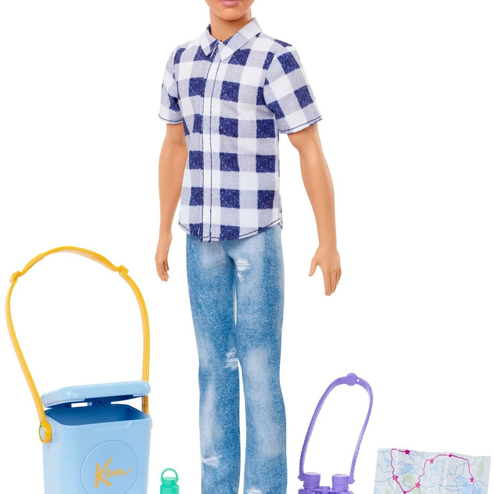 Barbie Doll & Accessories, It Takes Two Camping Set with Cooler, Map & More, Blonde Ken Doll with Blue Eyes in Plaid Shirt