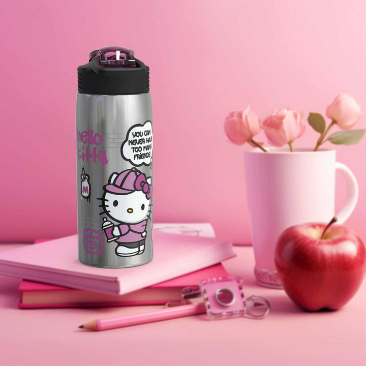 Zak Designs Sanrio Water Bottle for Travel and At Home, 19 oz Vacuum Insulated Stainless Steel with Locking Spout Cover, Built-In Carrying Loop, Leak-Proof Design (Hello Kitty) Hello Kitty