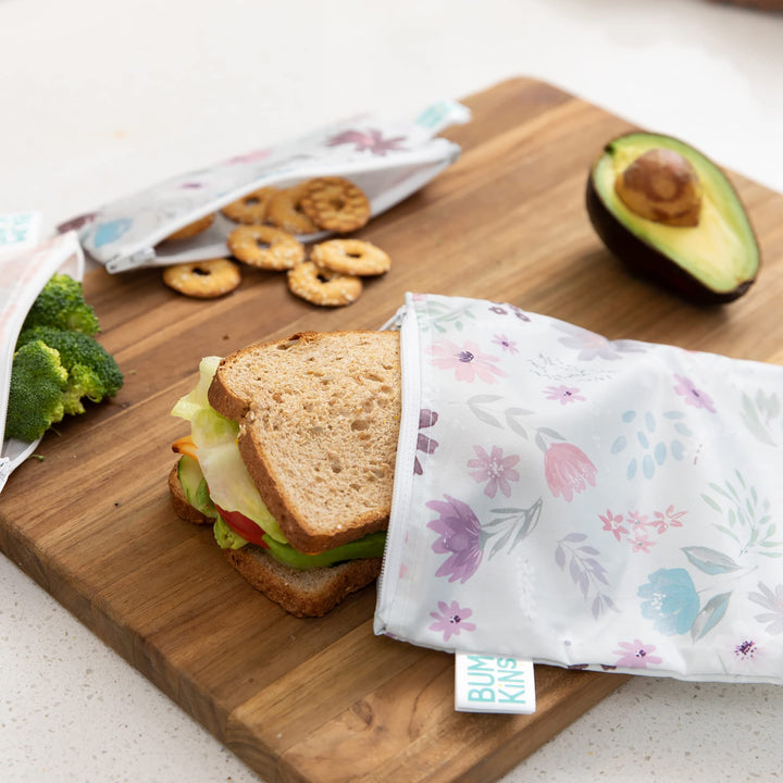 Bumkins Reusable Sandwich and Snack Bags, for Kids School Lunch and for Adults Portion, Washable Fabric, Waterproof Cloth Zip Bag, Travel Pouch, Food-Safe Storage, Large 2-pk Floral and Lace Sandwich Bag 2-pk Floral & Lace-Lg