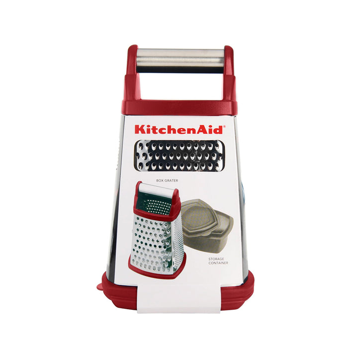 KitchenAid Gourmet 4-Sided Stainless Steel Box Grater for Fine, Medium and Coarse Grate, and Slicing, Detachable 3 Cup Storage Container and Measurment Markings, Dishwasher Safe, 10 inches tall, Red