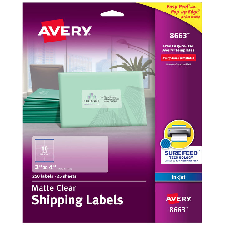 Avery Printable Shipping Labels with Sure Feed, 2" x 4", Matte Clear, 250 Blank Mailing Labels (8663) 1 Pack