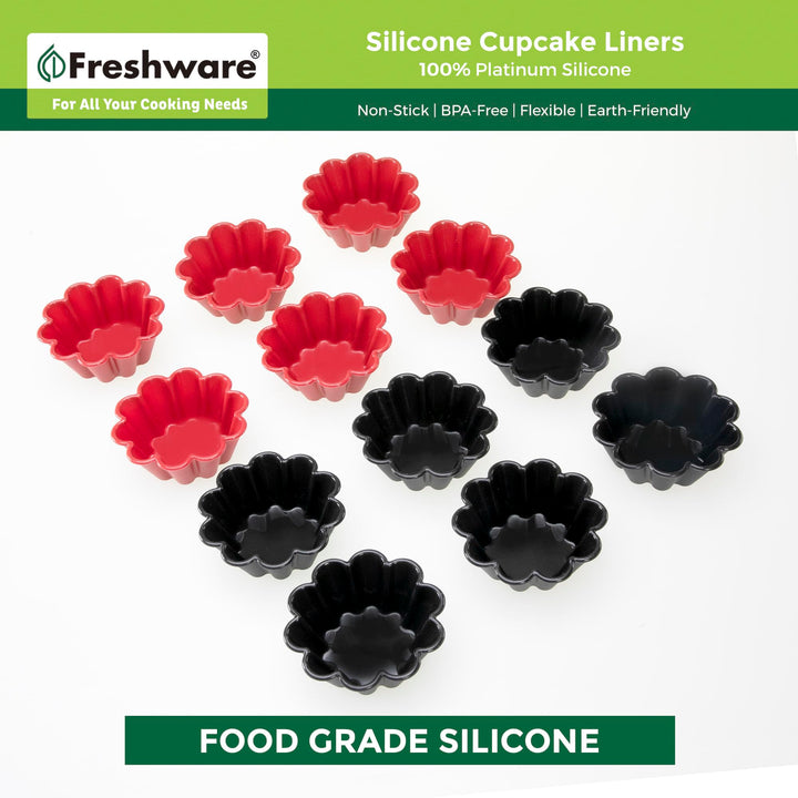 Freshware Cupcake Liners, Pack of 12 Silicone Muffin Cups, 3 Inch Silicone Baking Cups, Reusable & Non-stick Silicone Cupcake Liners for Party Halloween Christmas, Flower Red & Black Flower [12-Pack] New One Size