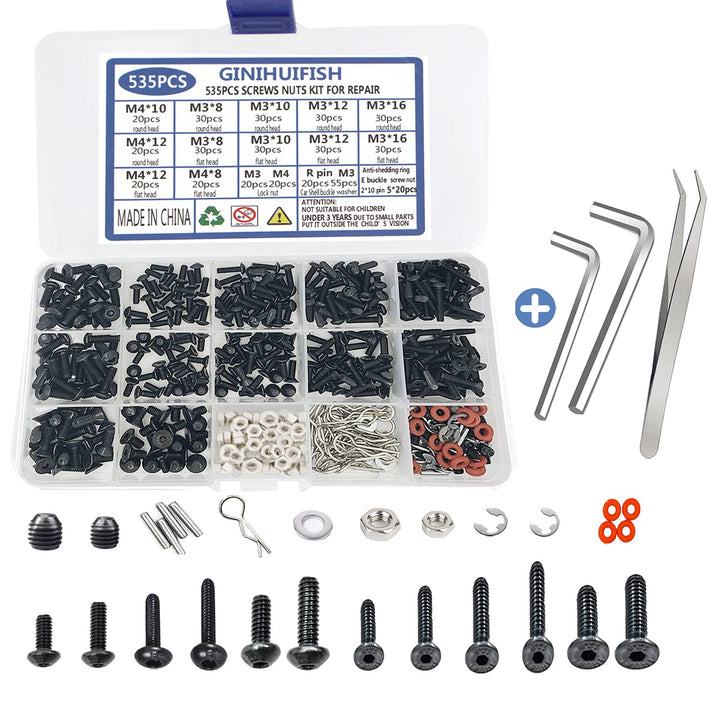 535PCS RC Screw Kit Repair Tool Assortment Set M3 M4 Hex Screws Nut Hardware Fasteners with Wrench for Traxxas Axial Redcat HSP HPI Arrma Losi 1:8 1:10 1:12 1:16 Scale RC Cars Trucks Crawler Parts