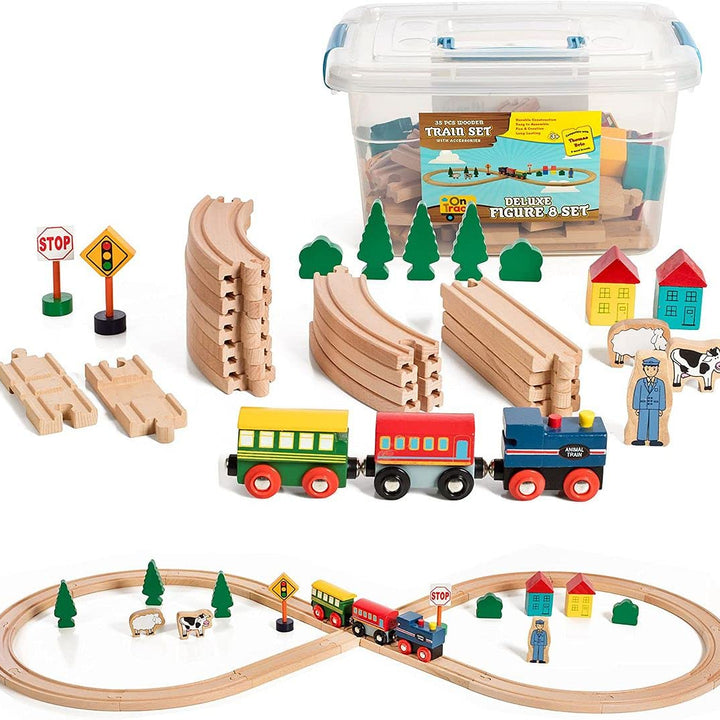 Wooden Train Set 35 Piece All in One Wooden Toy Train Tracks Set with Magnetic Trains and Railway Accessories, Comes in A Clear Container, Compatible with All Major Brands