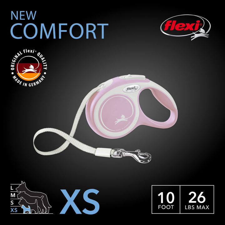 FLEXI® New Comfort Retractable Dog Leash (Tape), Ergonomic, Durable and Tangle Free Pet Walking Leash for Dogs Up to 26 lbs, 10 ft, Extra Small, Pink/Rose Extra Small - 10 ft