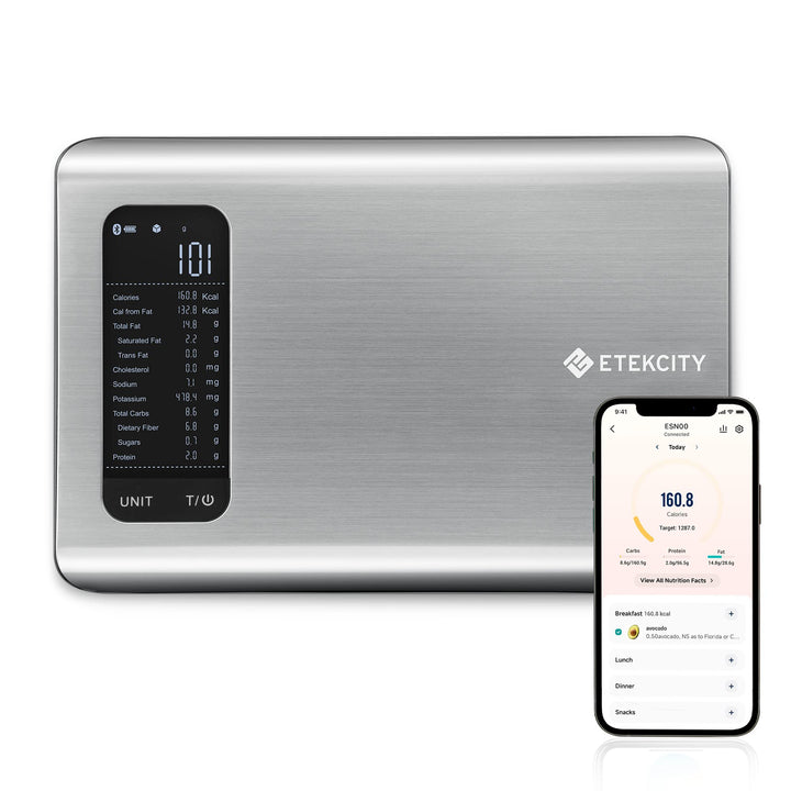 Etekcity Food Kitchen Scale, Digital Grams and Ounces for Weight Loss With Smart Nutrition App, 19 Facts Tracking, Baking, Cooking, Portion Control, Macro, Keto, 11 Pounds-Large, Stainless Steel Silver