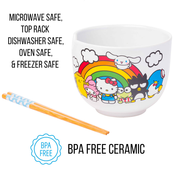 Silver Buffalo Sanrio Hello Kitty and Friends Rainbow Ceramic Ramen Rice Bowl with Chopsticks, 20 Ounces, White/Multi Cartoon