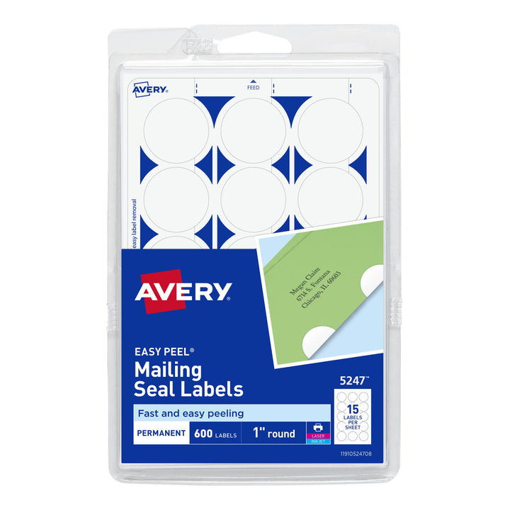 Avery Mailing Seals, 1" Round Labels, White, 600 Printable Mailing Labels (05247) 1" diameter