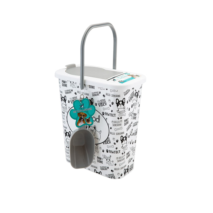 3 Gallon Pet Dry Food Container with Scooper | Dog Food Organizer | Helps Organize Pantry and Cabinets | Dog & Puppy Print Design | Carrying Handle | Flip Top Lid,White