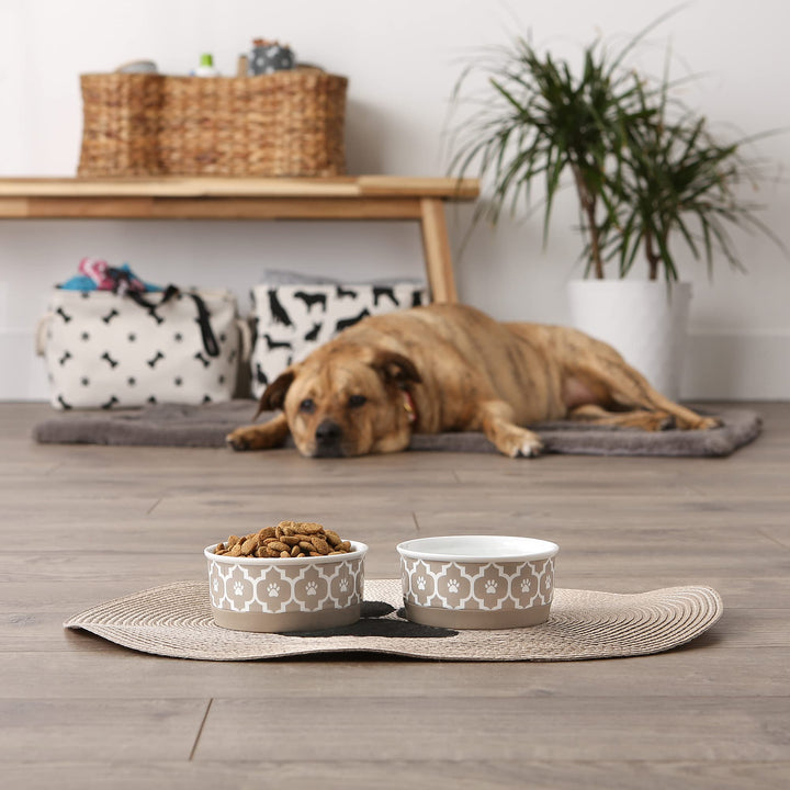 Bone Dry Lattice Collection Pet Bowl & Canister, Small Set, 4.25x2 inches, Stone, 2 Piece Small Set, 4.25x2"