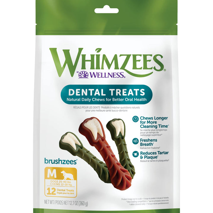 WHIMZEES by Wellness Brushing Dental Chews For Dogs, Grain-Free, Long Lasting Treats, Freshens Breath Medium Breed, 12 Count 12 Count (Pack of 1) Standard Pack