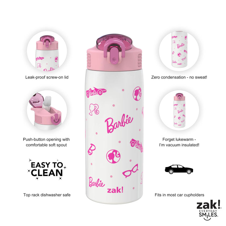 Zak Designs Barbie Water Bottle for Travel and At Home, 19 oz Vacuum Insulated Stainless Steel with Locking Spout Cover, Built-In Carrying Loop, Leak-Proof Design (Barbie)