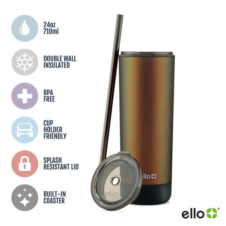 Ello Monterey 24oz Plastic Tumbler with Straw and Built-In Silicone Coaster, Premium Double Walled Insulation, Reusable Cup Perfect for Iced Coffee, BPA Free, Black