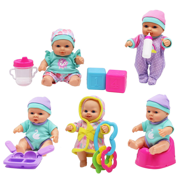 Dream Collection: All Occasions Baby Set - Pastel - 4 Lifelike 7" Baby Doll Friends, Mix & Match Clothing, Feeding Accessories, Bath Toys, Kids Age 2+