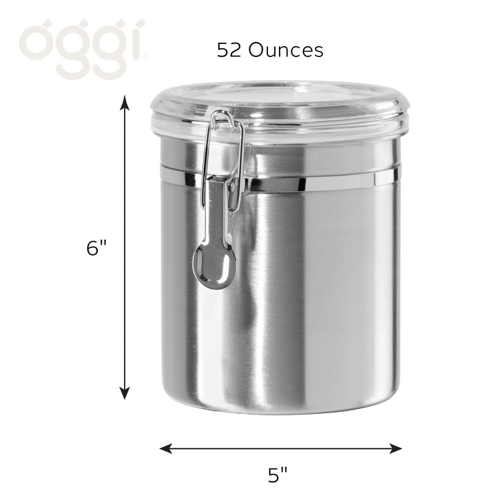 OGGI Stainless Steel Kitchen Canister 52 fl oz - Airtight Clamp Lid, Clear See-Thru Top - Ideal for Kitchen Storage, Food Storage, Pantry Storage. Large Size 5" x 6". 47-ounce Airtight Canister