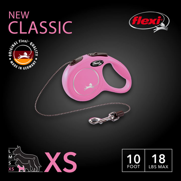 FLEXI New Classic Retractable Dog Leash (Cord), Ergonomic, Durable and Tangle Free Pet Walking Leash for Dogs Up to 18 lbs, 10 ft, Extra Small, Pink