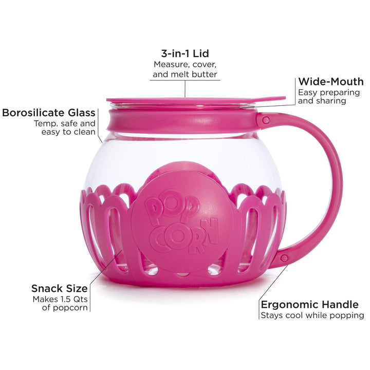 Ecolution Patented Micro-Pop Microwave Popcorn Popper with Temperature Safe Glass, 3-in-1 Lid Measures Kernels and Melts Butter, Made Without BPA, Dishwasher Safe, 1.5-Quart, Pink 1.5-Quart Snack Size Hot Pink