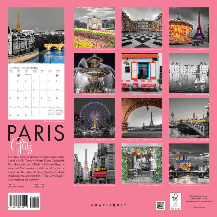 Graphique 2024 Paris Glitz Wall Calendar | 12” x 12” | Thick Paper | Home & Office Organizer | Large Monthly Grid | 3 Languages & Marked Holidays | 4 Month Preview Page for 2025