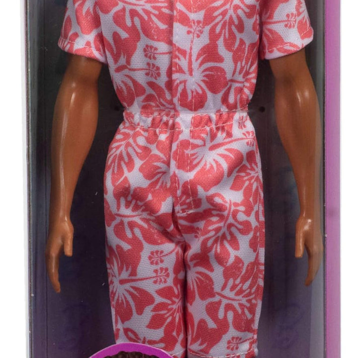 Barbie Fashionistas Ken Doll #235 with Braided Brown Hair, Wearing Coral Jumpsuit with Hawaiian Print and Green Sandals