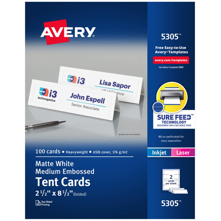 Avery Printable Tent Cards with Sure Feed Technology, 2.5" x 8.5", White with Embossed Border, 100 Blank Place Cards for Laser or Inkjet Printers (05305) 100 Cards