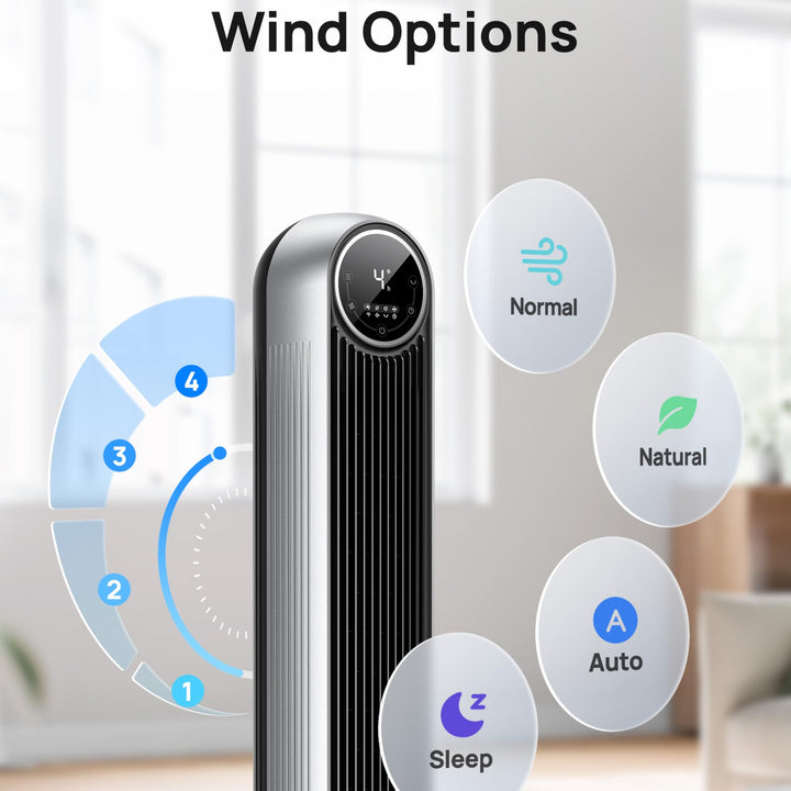 Dreo Tower Fan for Bedroom, 25ft/s Velocity Quiet Floor Fan, 90° Oscillating Fans for Indoors with 4 Speeds, 4 Modes, 8H Timer, Bladeless Fan, Standing Fans, Grey, Nomad One (DR-HTF007)