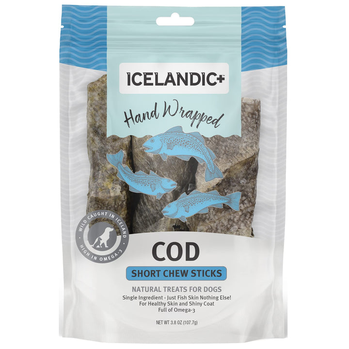 Icelandic+ Cod Skin 5" Short Hand Wrapped Dog Chew Stick, 3-Pack, 2.8-oz Bag