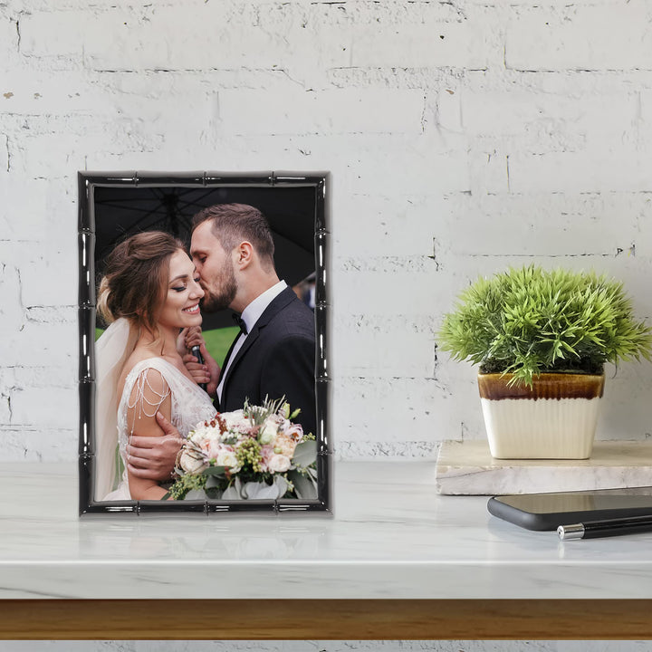 Lawrence Frames 8x10 Black Polished Metal Picture Frame with Bamboo Design, or 5x7 with Included Mat Black Smoke 8x10 (5x7 Mat)