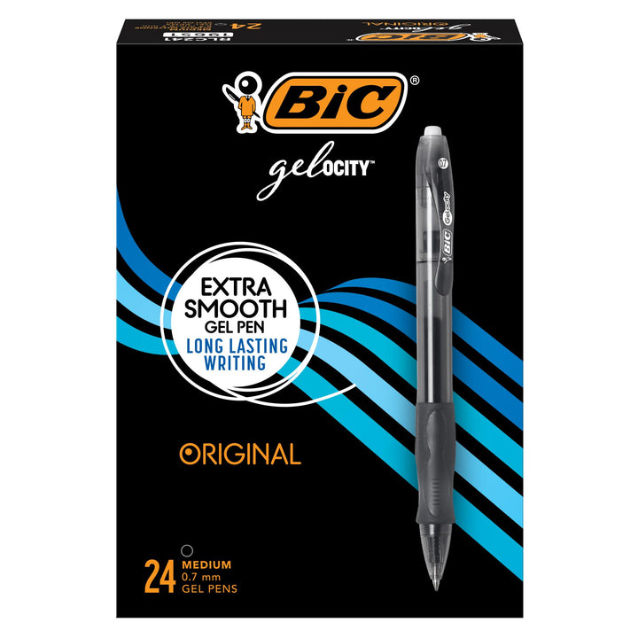 BIC Gelocity Original Black Gel Pens, Medium Point (0.7mm), 24-Count Pack, Retractable Gel Pens With Comfortable Grip 24 Count (Pack of 1)