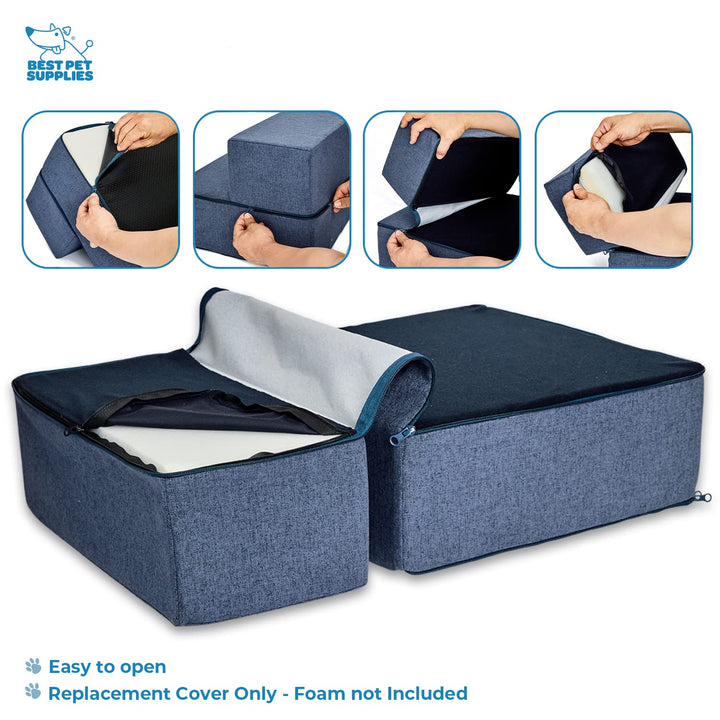 Best Pet Supplies Foldable Pet Stairs Cover for Foam Dog Ramps, Replacement Slip with Non-Slip Step Surface, Plush and Soft Fabric, Provides Paw Traction and Stability - Navy Blue, 2-Step