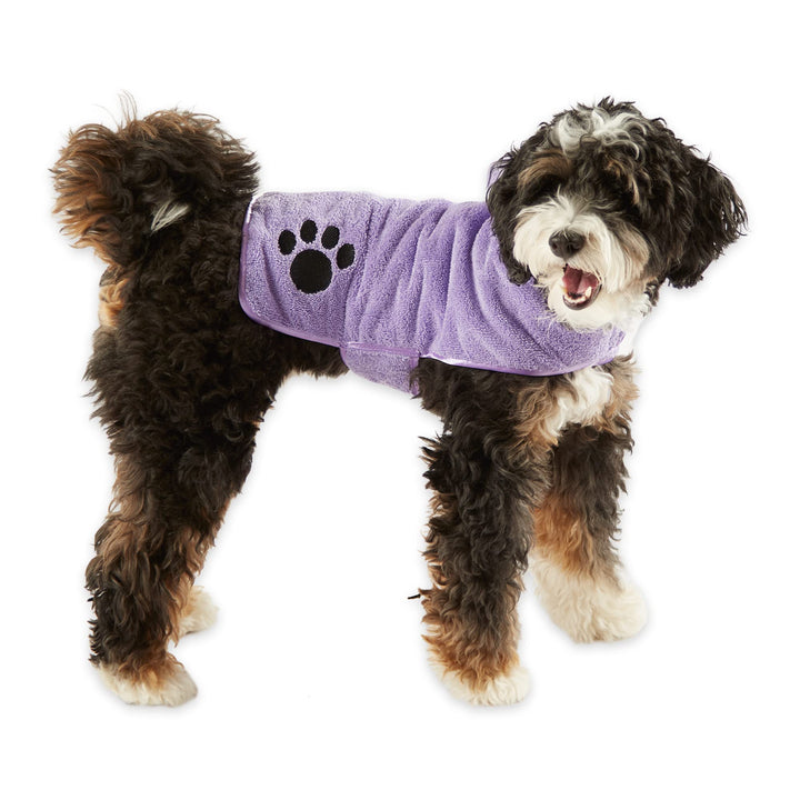 Bone Dry Pet Robe Collection, Embroidered Absorbent Microfiber Bath Robe with Adjustable Closure, for Dogs & Cats, Small, Lavender