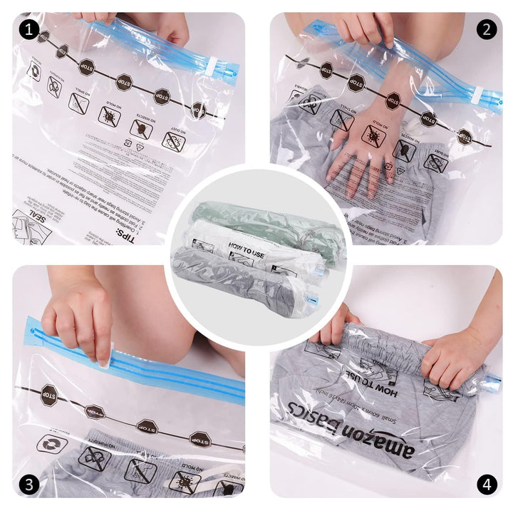 Basics Roll-Up Travel Zipper Storage Bags, Pack of 12 (6 Small & 6 Medium), Multiple, Clear