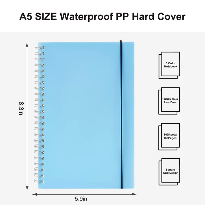 3 Pack Spiral Notebook, A5 Square Journal Notebook 5.8" x 8.3", 100GSM 5x5mm Square Grid, 80 Sheets/160 Pages, Grid Spiral Notebooks Journals for Writing, Sketch Book A5 (5.9" x 8.3") Squared