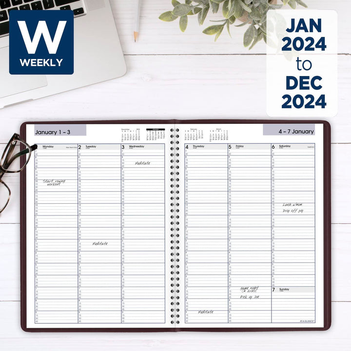 AT-A-GLANCE 2024 Weekly Planner, DayMinder, Quarter-Hourly Appointment Book, 8" x 11", Large, Burgundy (G5201424) 2024 Old Edition