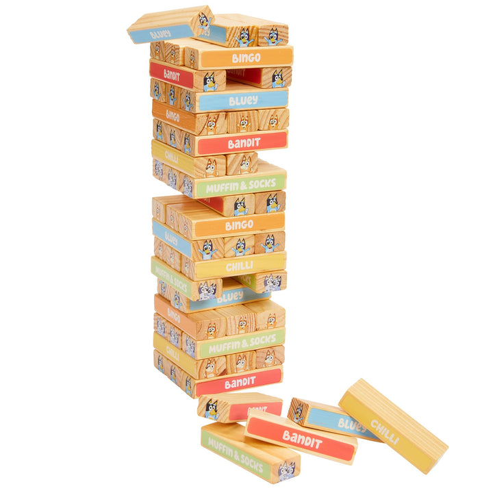 Bluey Tumbling Tower – 54 Colorful Wooden Blocks – Fun Family Game – FSC Certified for Children 3 Years and Up