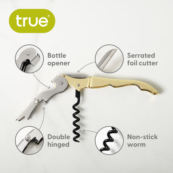 True Brands TrueTap Double Hinged Waiters Corkscrew, Top-notch Stainless Steel Opener with Foil Cutter Built to Last Wine Key Gold, Set of 1