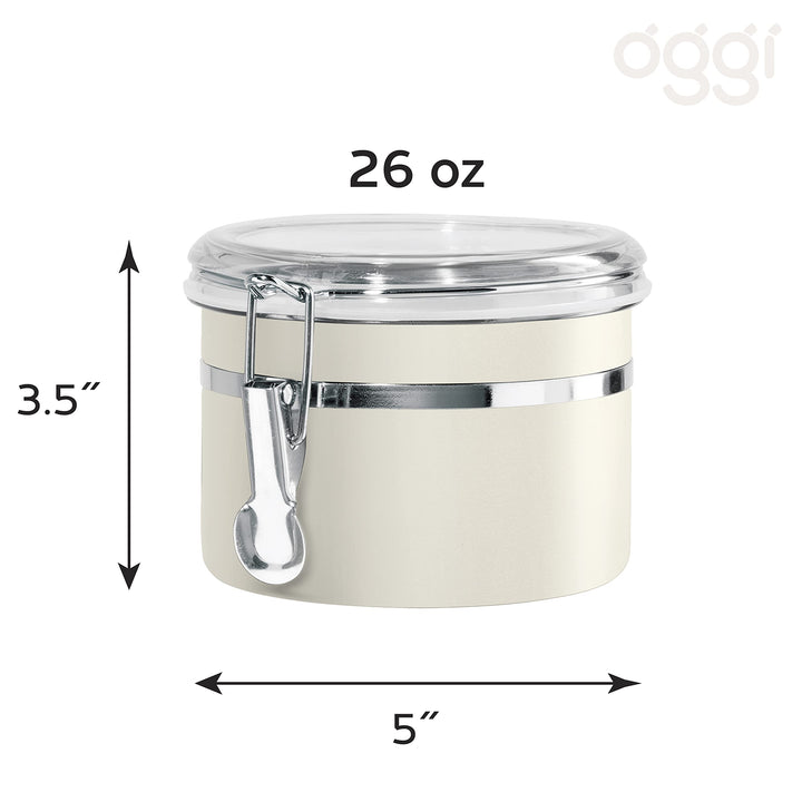 Oggi Stainless Steel Kitchen Canister 26 fl oz, Gray - Airtight Clamp Lid, Clear See-Thru Top - Ideal for Kitchen Storage, Food Storage, Pantry Storage. Size 5" x 3.5". Warm Gray 26-ounce Airtight Canister