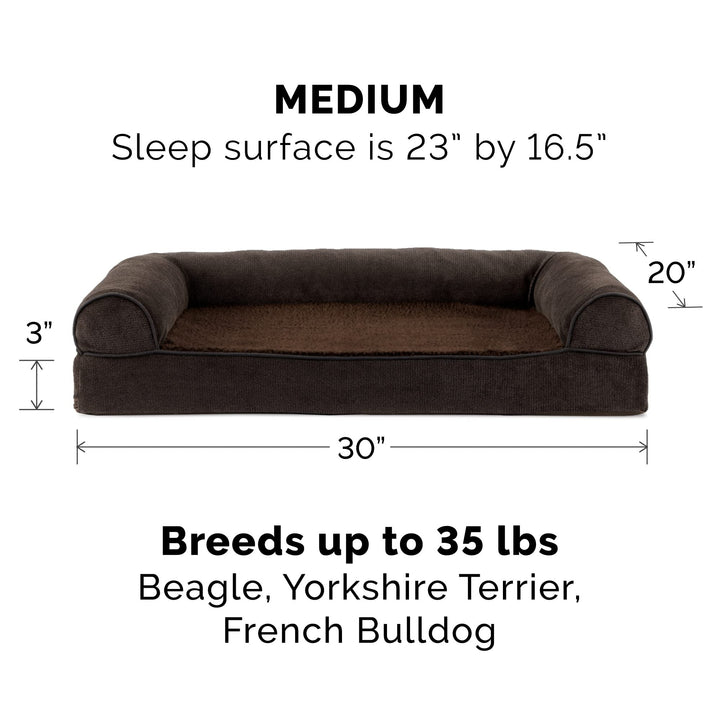 Furhaven Orthopedic Dog Bed for Medium/Small Dogs w/ Removable Bolsters & Washable Cover, For Dogs Up to 35 lbs - Sherpa & Chenille Sofa - Coffee, Medium Orthopedic Foam 30.0"L x 20.0"W x 6.3"Th (Sherpa & Chenille) Coffee