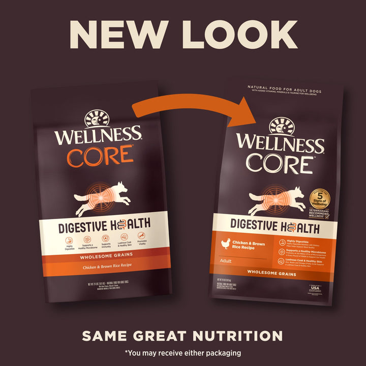 Wellness CORE Digestive Health Dry Dog Food with Wholesome Grains, Highly Digestible, For Dogs with Sensitive Stomachs, Made in USA with Real Chicken (Adult, 24-Pound Bag) 24 Pound (Pack of 1)